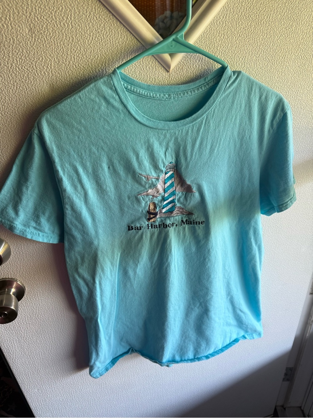 Turquoise Short Sleeve Tee with Lighthouse Bar Harbor, Maine Embroidery